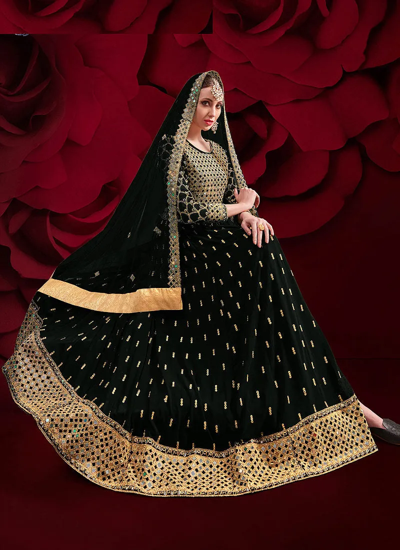 Black Golden Mirror Work Slit Style Anarkali Pant Suit