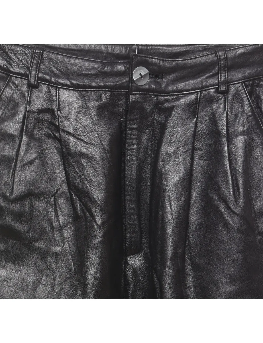 Black High Waist Leather Pleated Trousers - W26 L30