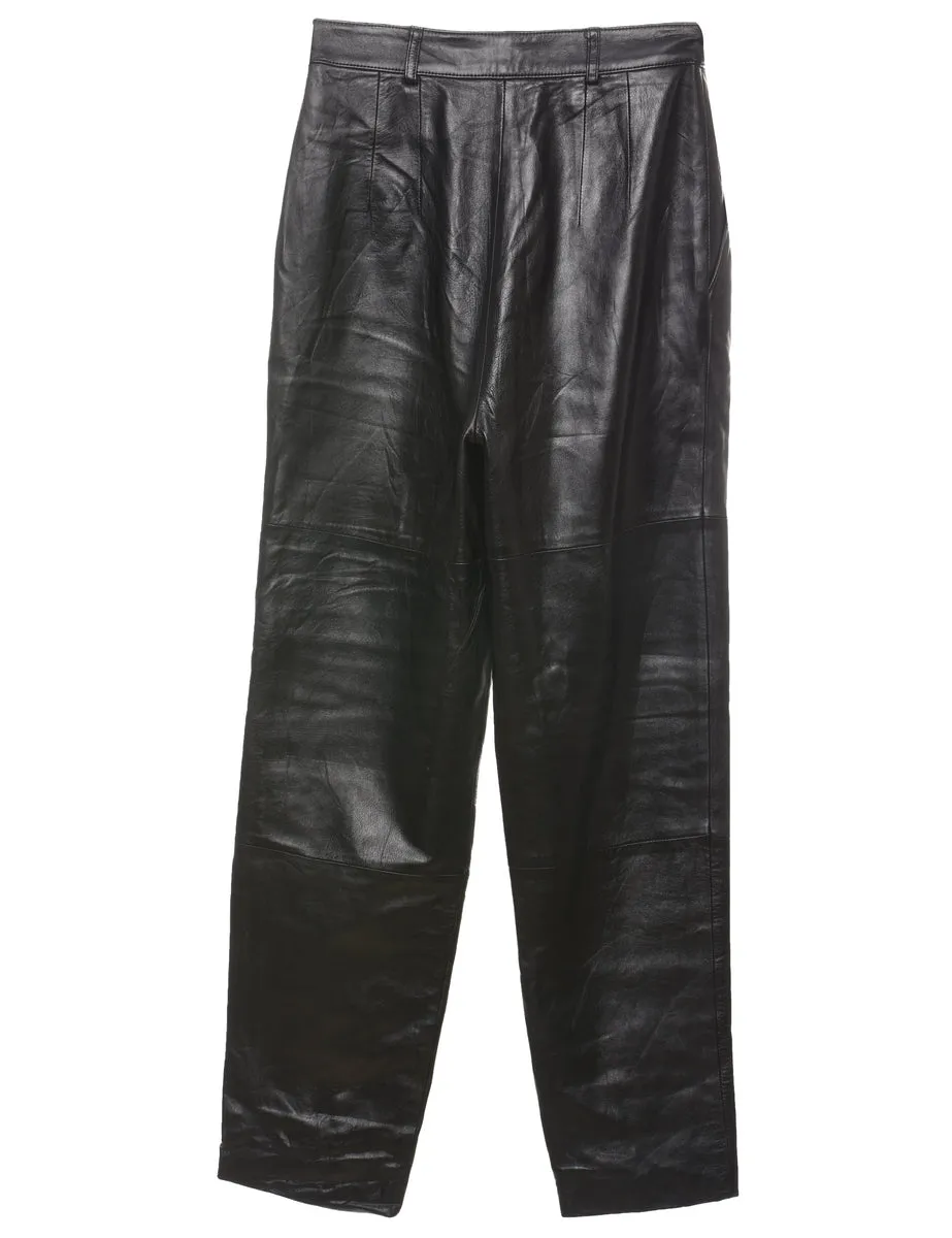 Black High Waist Leather Pleated Trousers - W26 L30