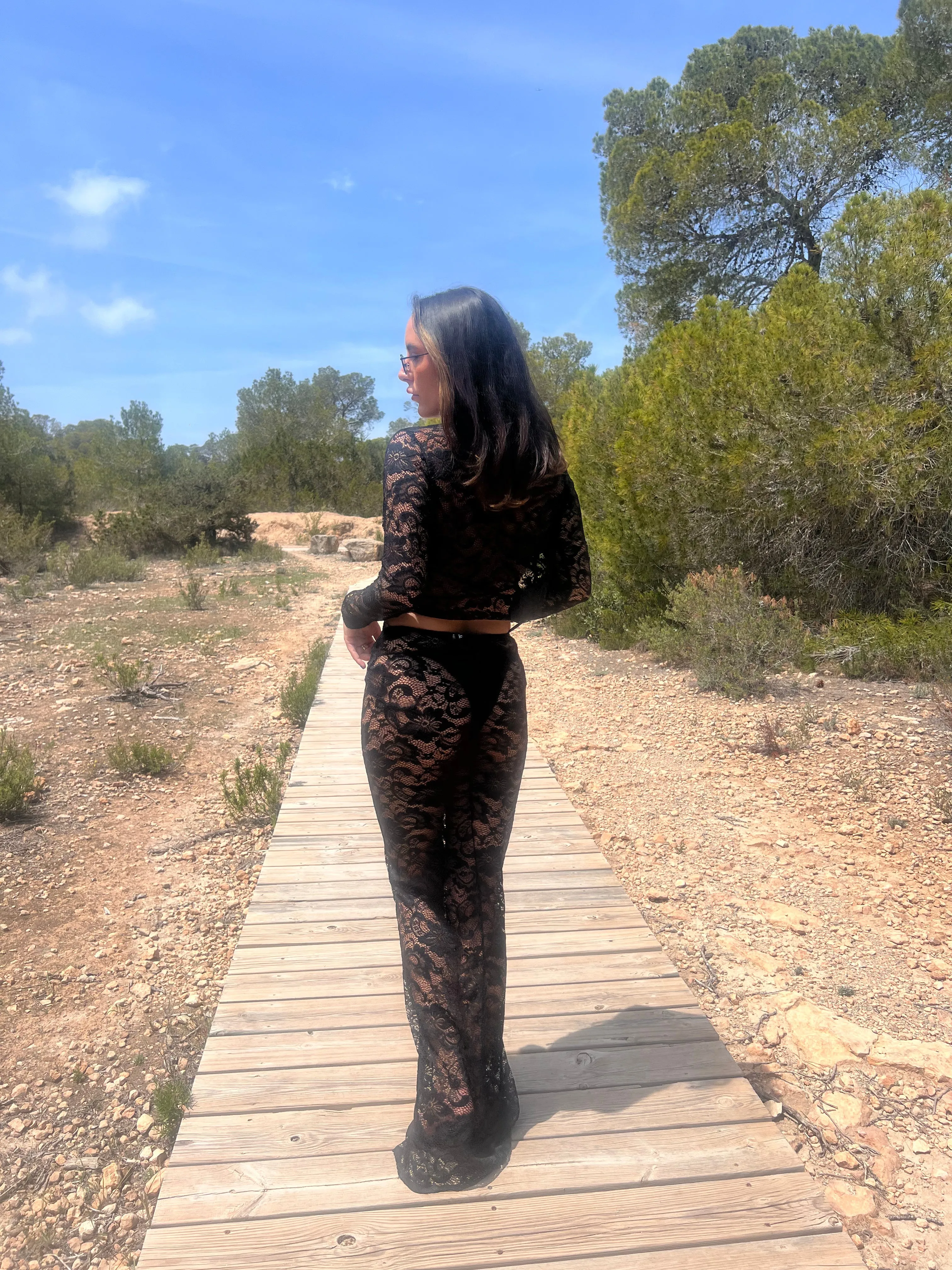 Black Lace Cardigan And Maxi Skirt Suit