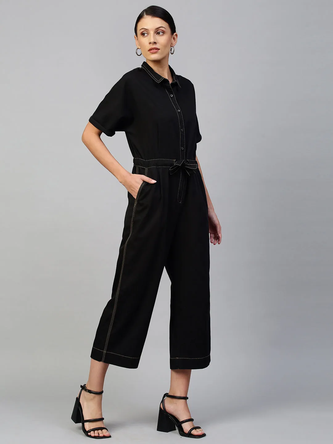 Black Light Weight Denim Jumpsuit With Contrast Stitch Detailing