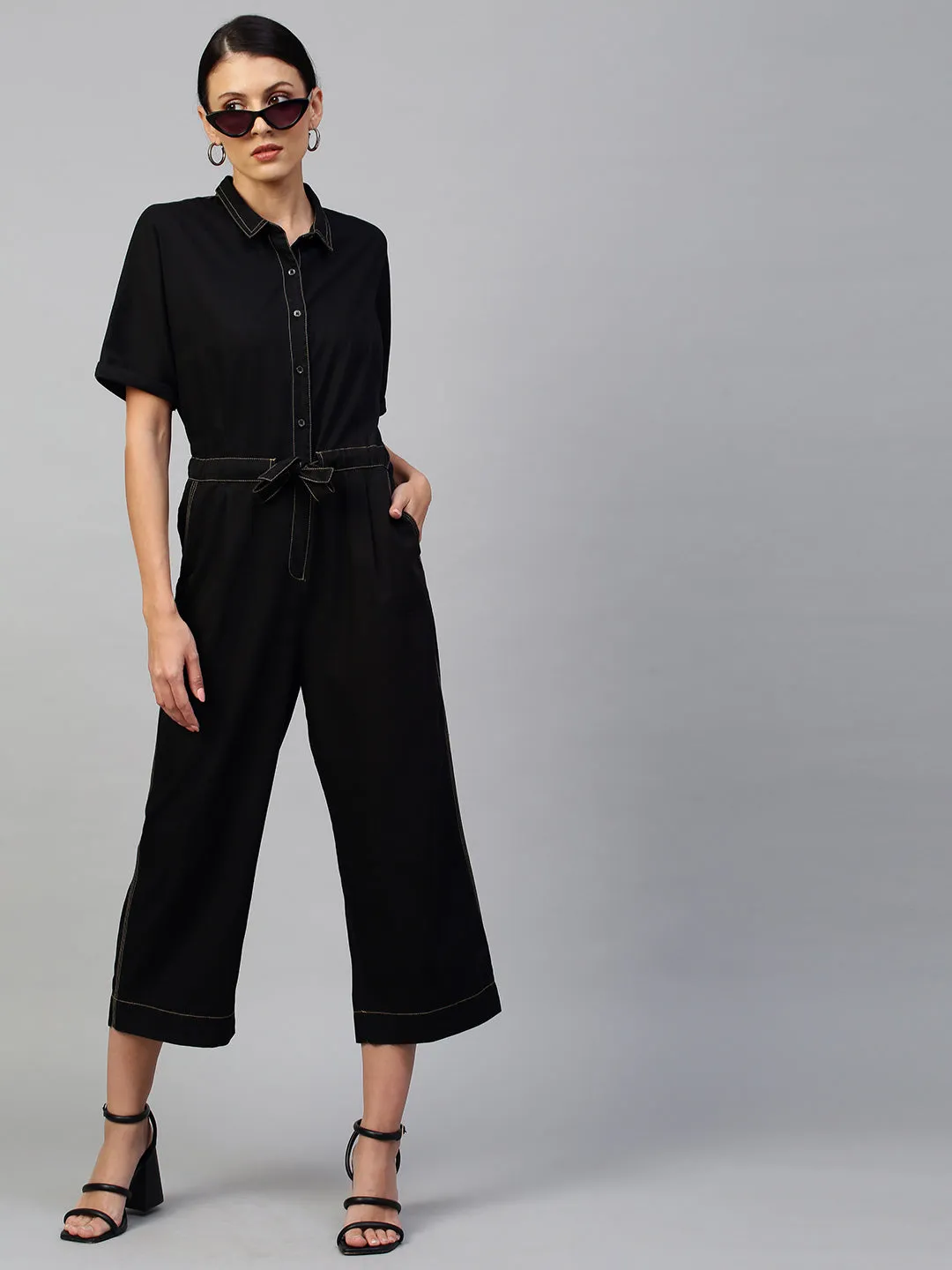 Black Light Weight Denim Jumpsuit With Contrast Stitch Detailing