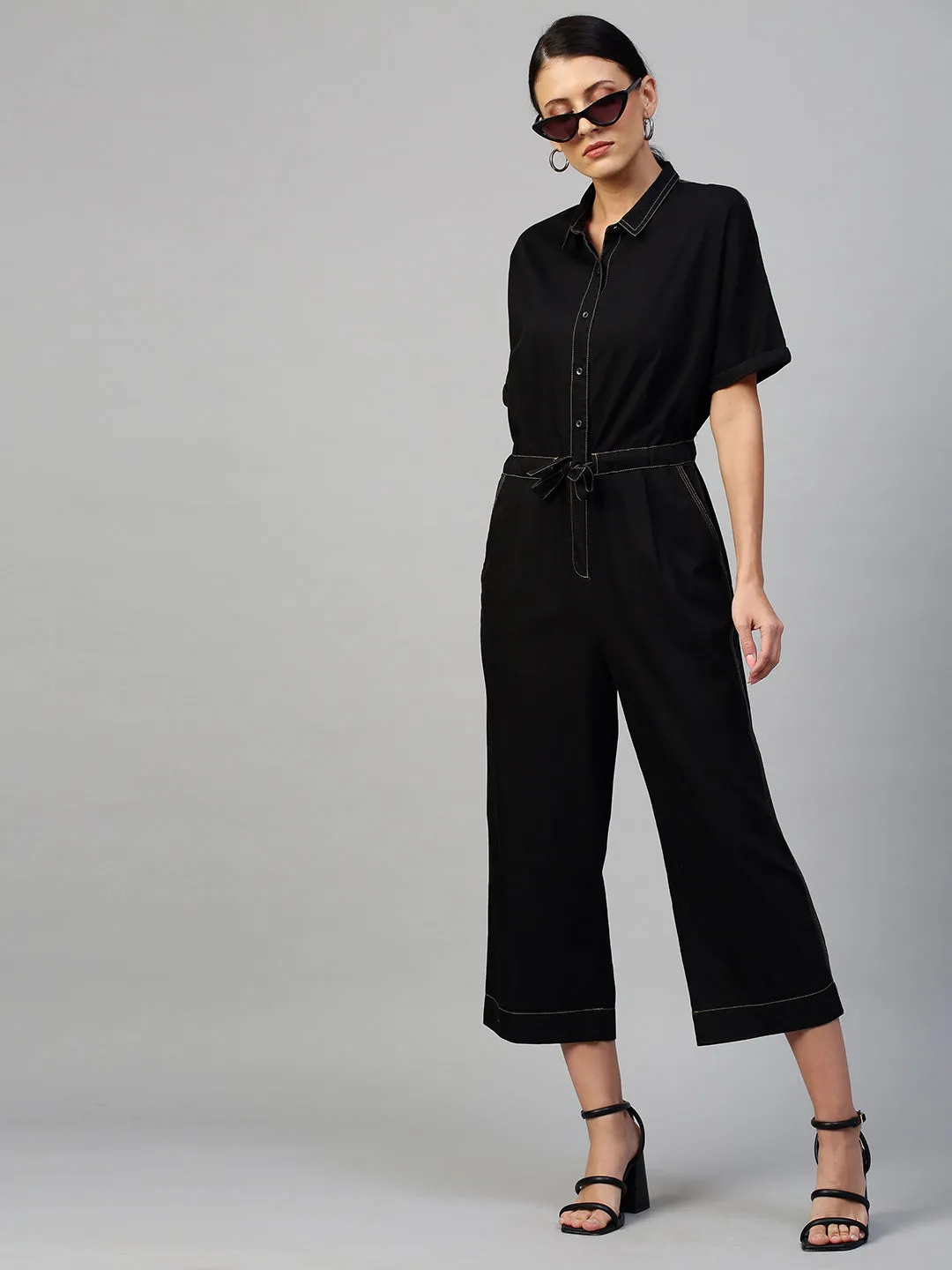 Black Light Weight Denim Jumpsuit With Contrast Stitch Detailing