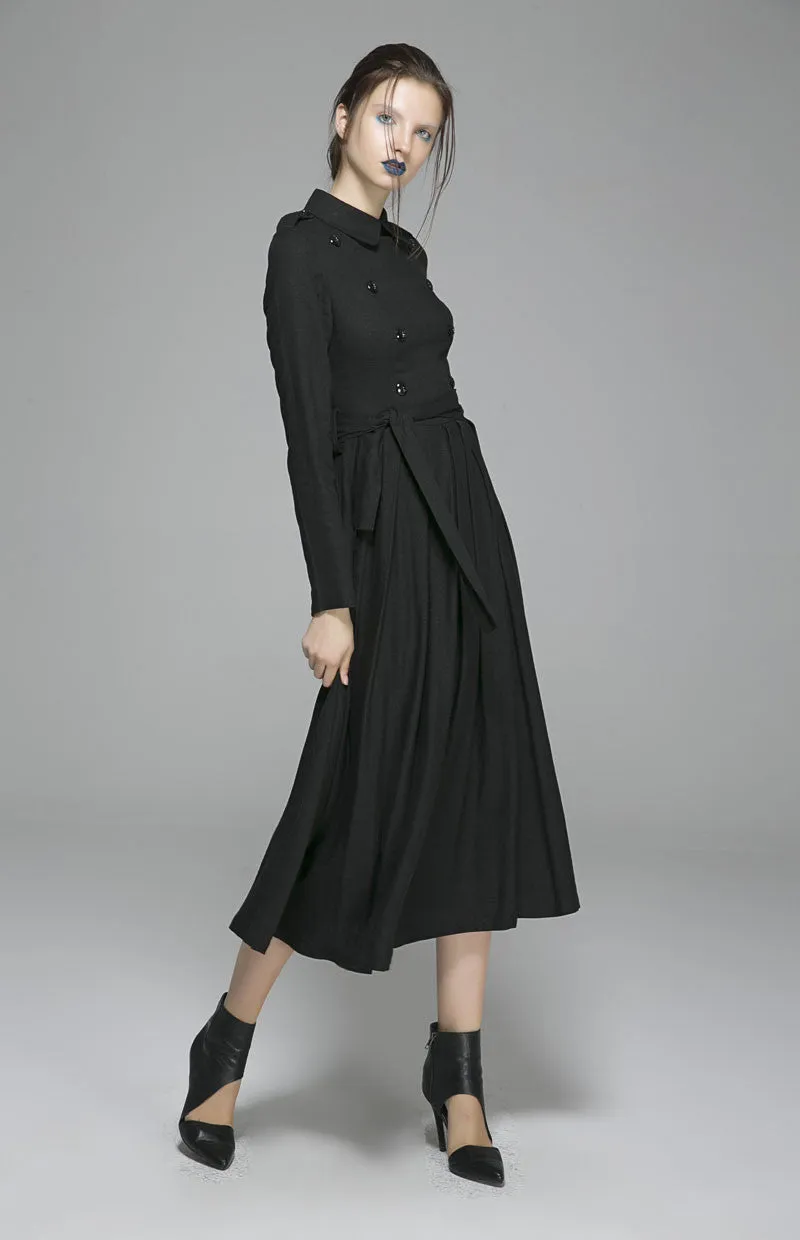 Black linen dress woman long sleeve dress custom made day dress 1405#