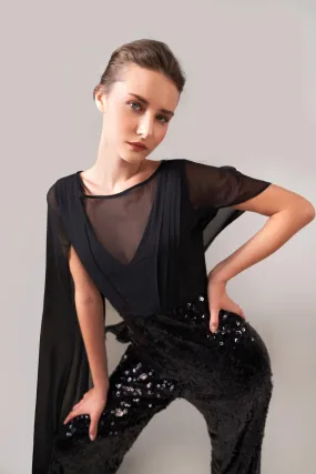 BLACK SEQUIN CAPE JUMPSUIT