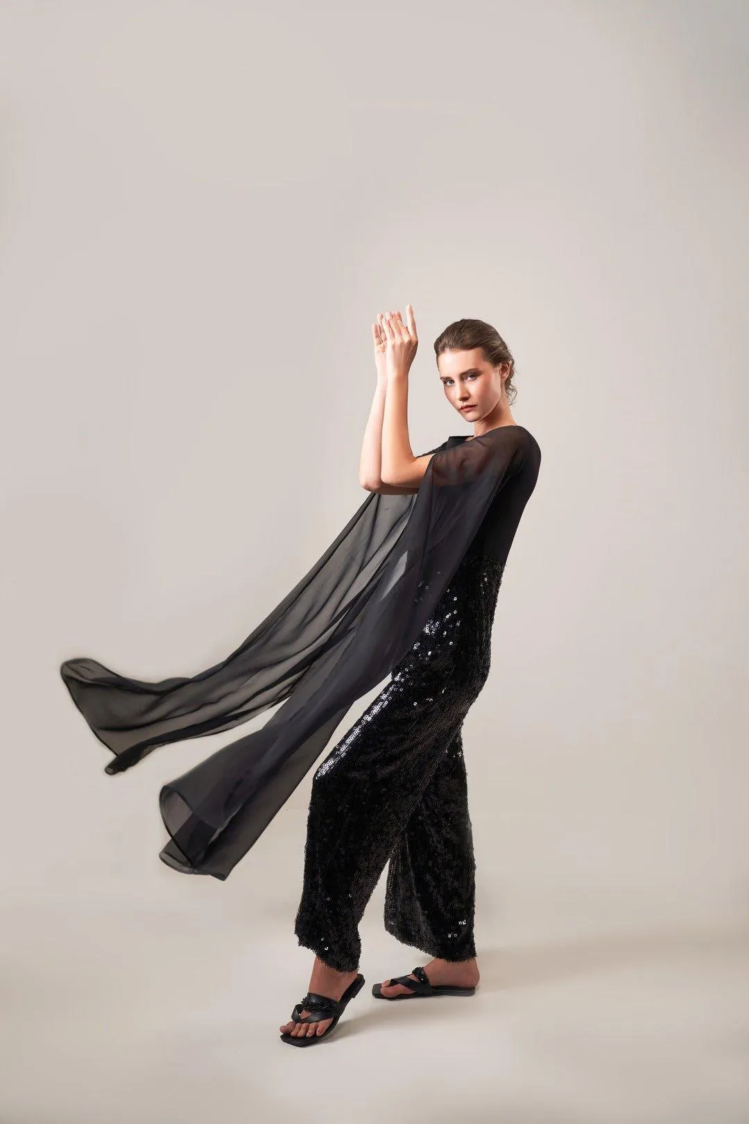 BLACK SEQUIN CAPE JUMPSUIT