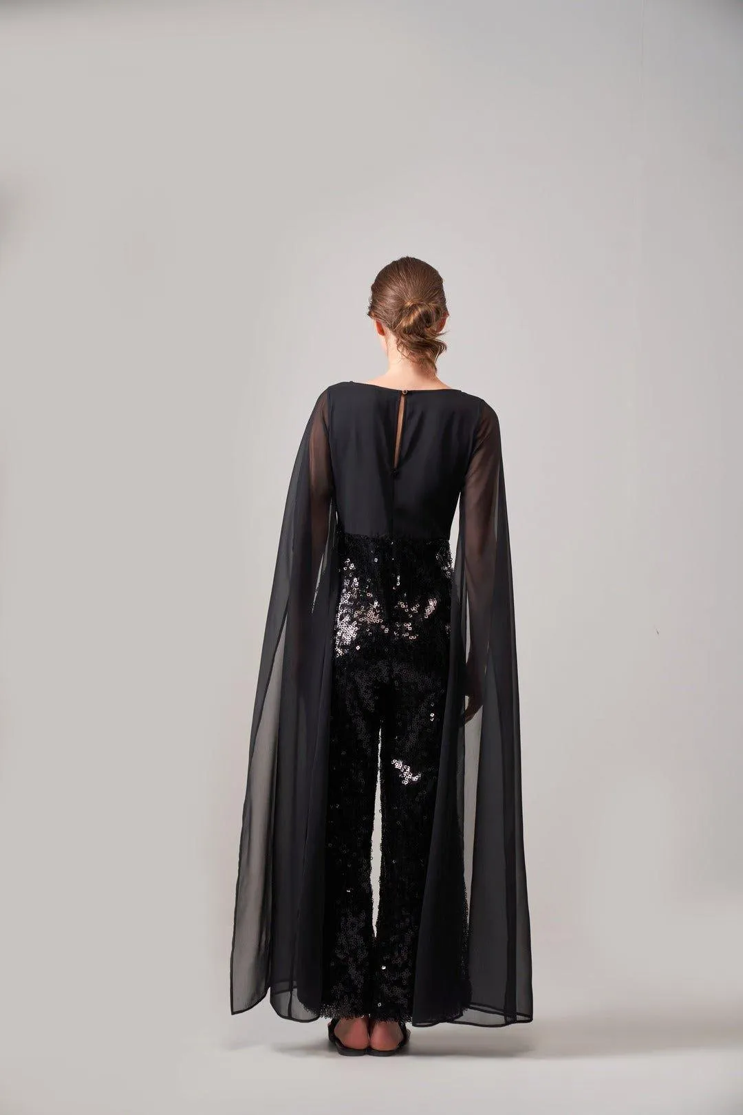 BLACK SEQUIN CAPE JUMPSUIT