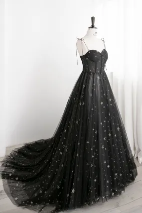 Black Tulle Long Prom Dress with Stars, Cute Spaghetti Straps Graduation Dress