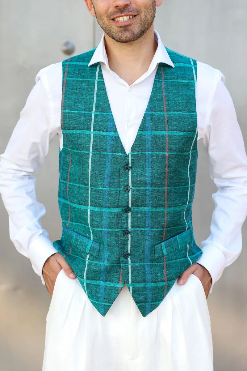 Blue Checkered Linen Tango Vest