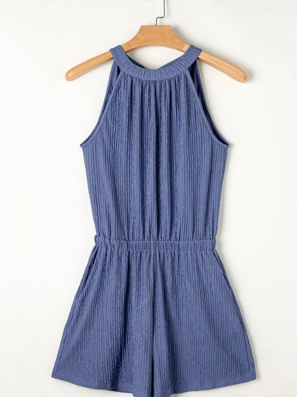 Blue Halter Neck Textured Romper with Tie-Back Detail