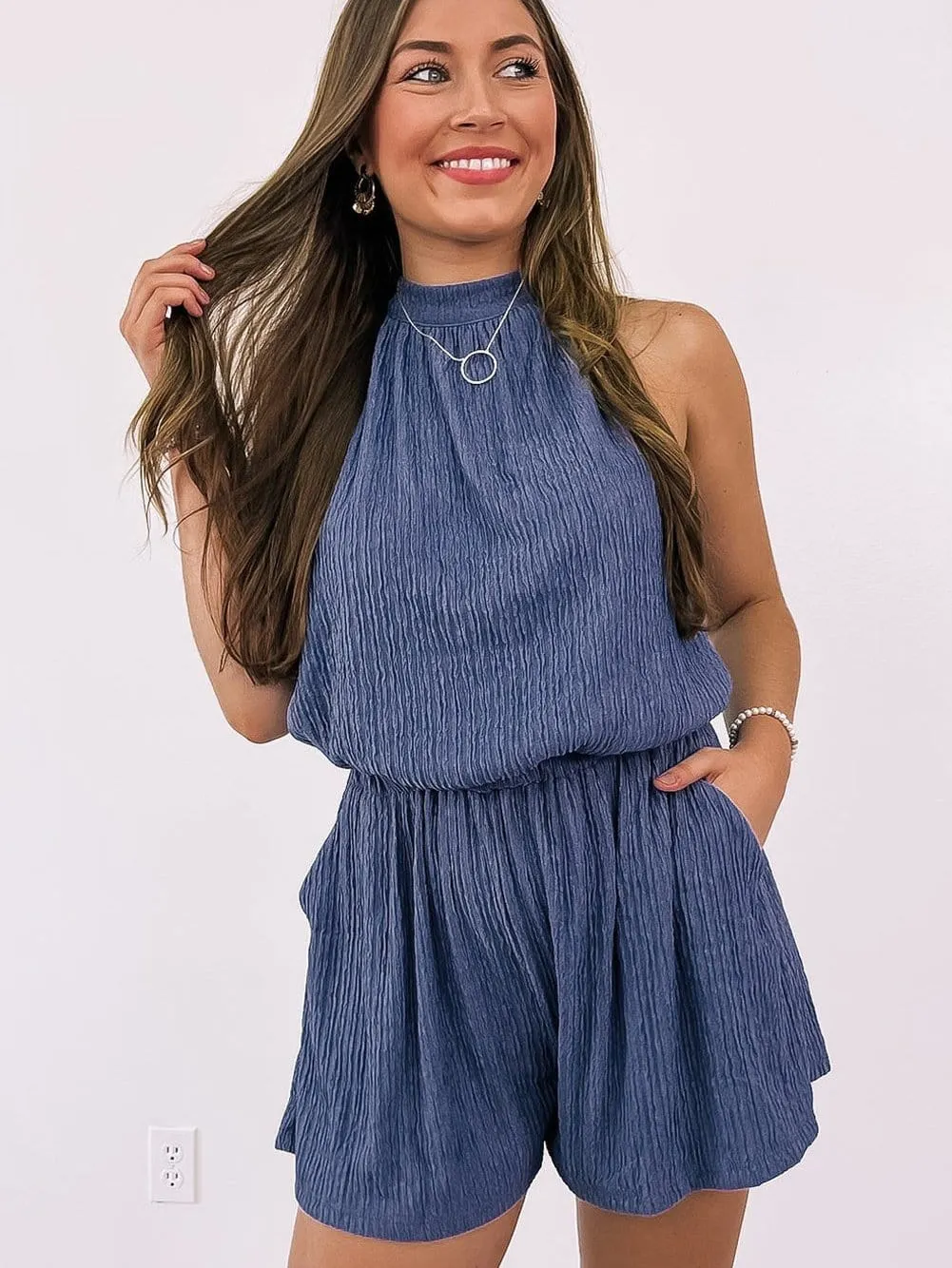 Blue Halter Neck Textured Romper with Tie-Back Detail