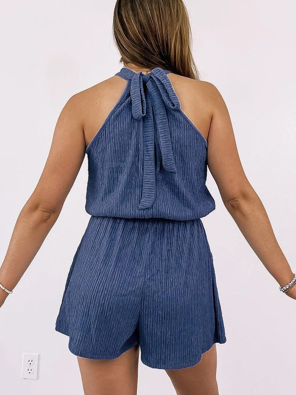 Blue Halter Neck Textured Romper with Tie-Back Detail