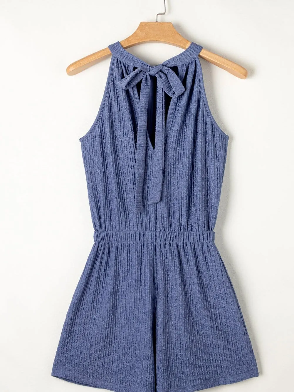 Blue Halter Neck Textured Romper with Tie-Back Detail