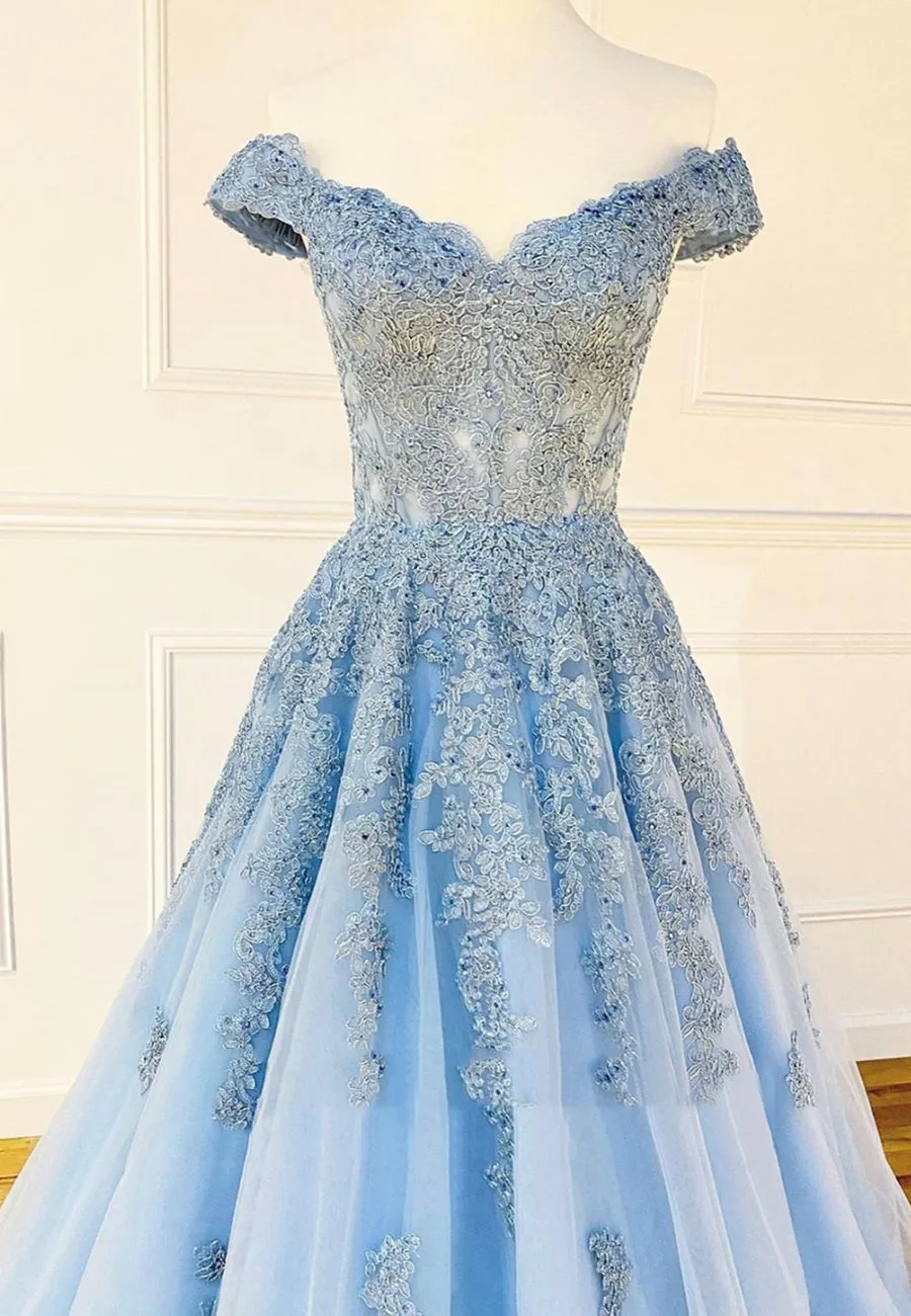 Blue Lace Off the Shoulder Prom Dresses, A-Line Evening Dresses