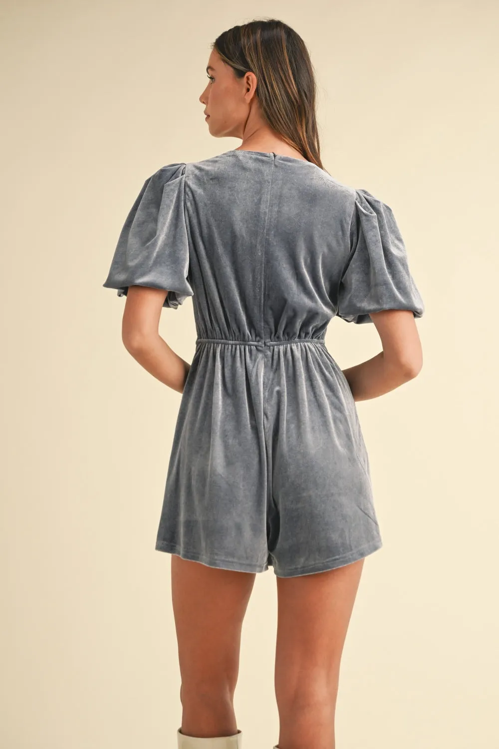 Bow Decor Puff Sleeve Velvet Romper