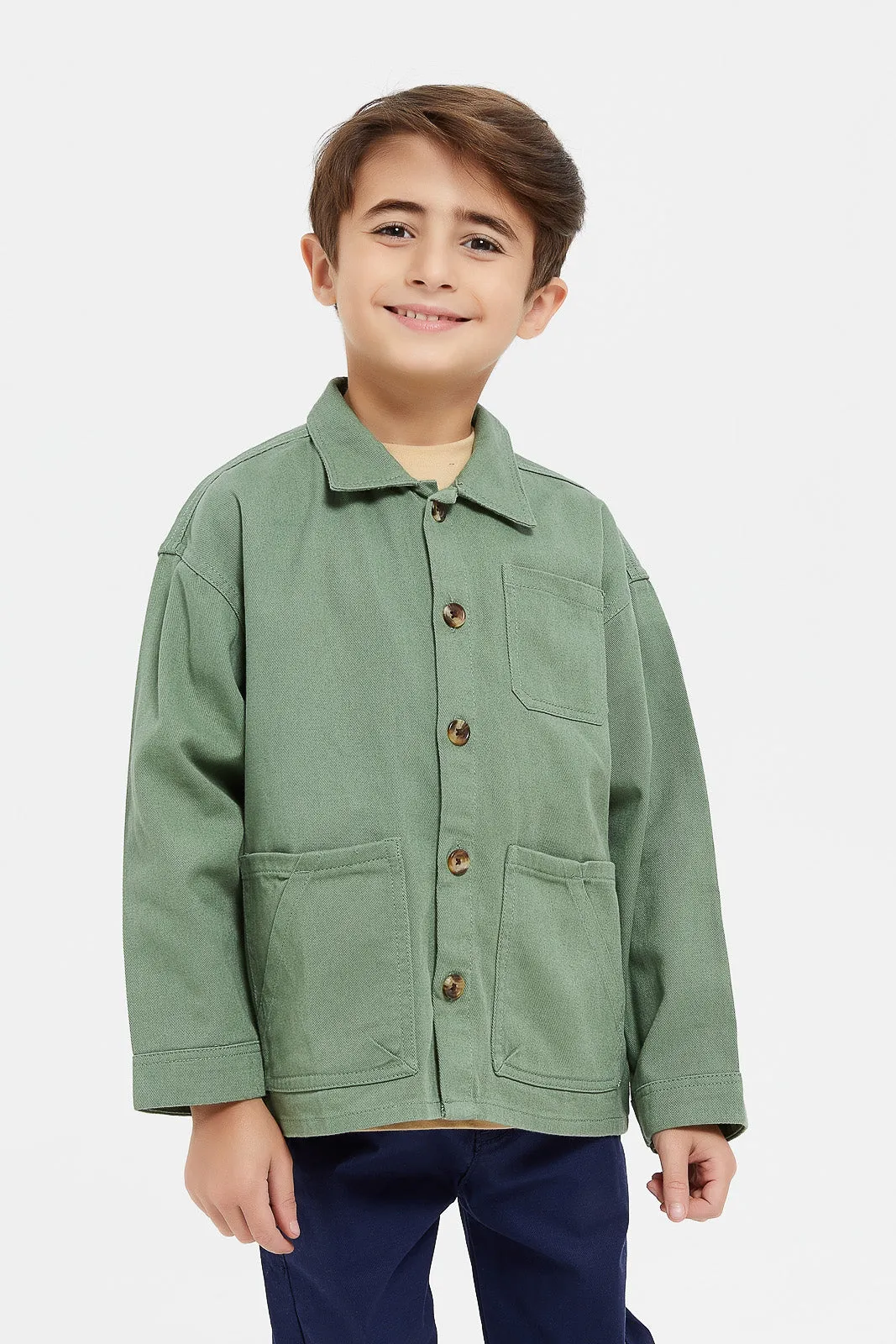 Boys Green And Coral Long Sleeve Shaket Set (2 Piece)