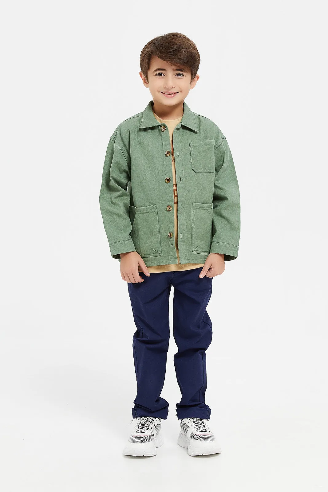 Boys Green And Coral Long Sleeve Shaket Set (2 Piece)