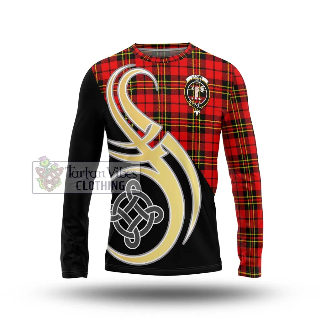 Brodie Modern Tartan Long Sleeve T-Shirt with Family Crest and Celtic Symbol Style