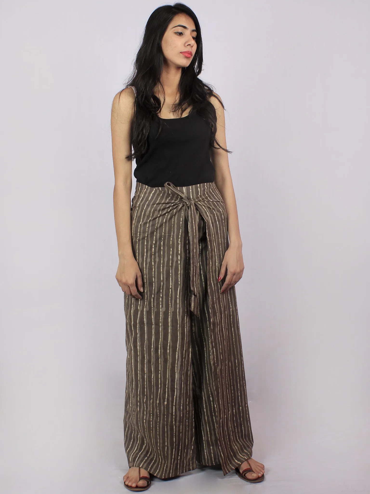 Brown Beige Hand Block Printed Free Size Tie Up Wrap Around Trousers - T0317045