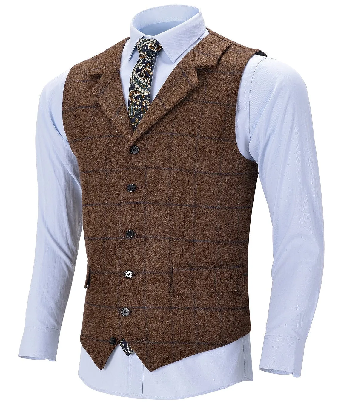 Brown Formal Plaid Notch Lapel Waistcoat Slim Fit Suit Vest