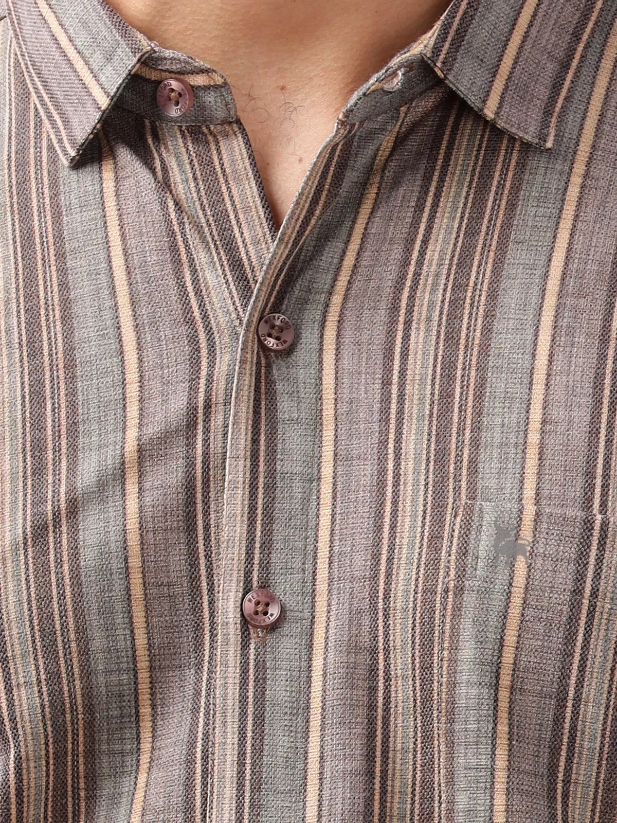 BULLMER Trendy Brown Regular Fit Striped Causal Full sleeve Shirt For Men.