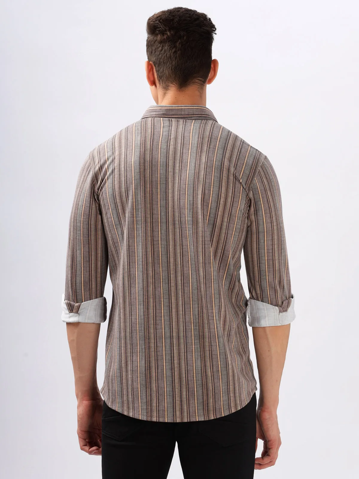 BULLMER Trendy Brown Regular Fit Striped Causal Full sleeve Shirt For Men.