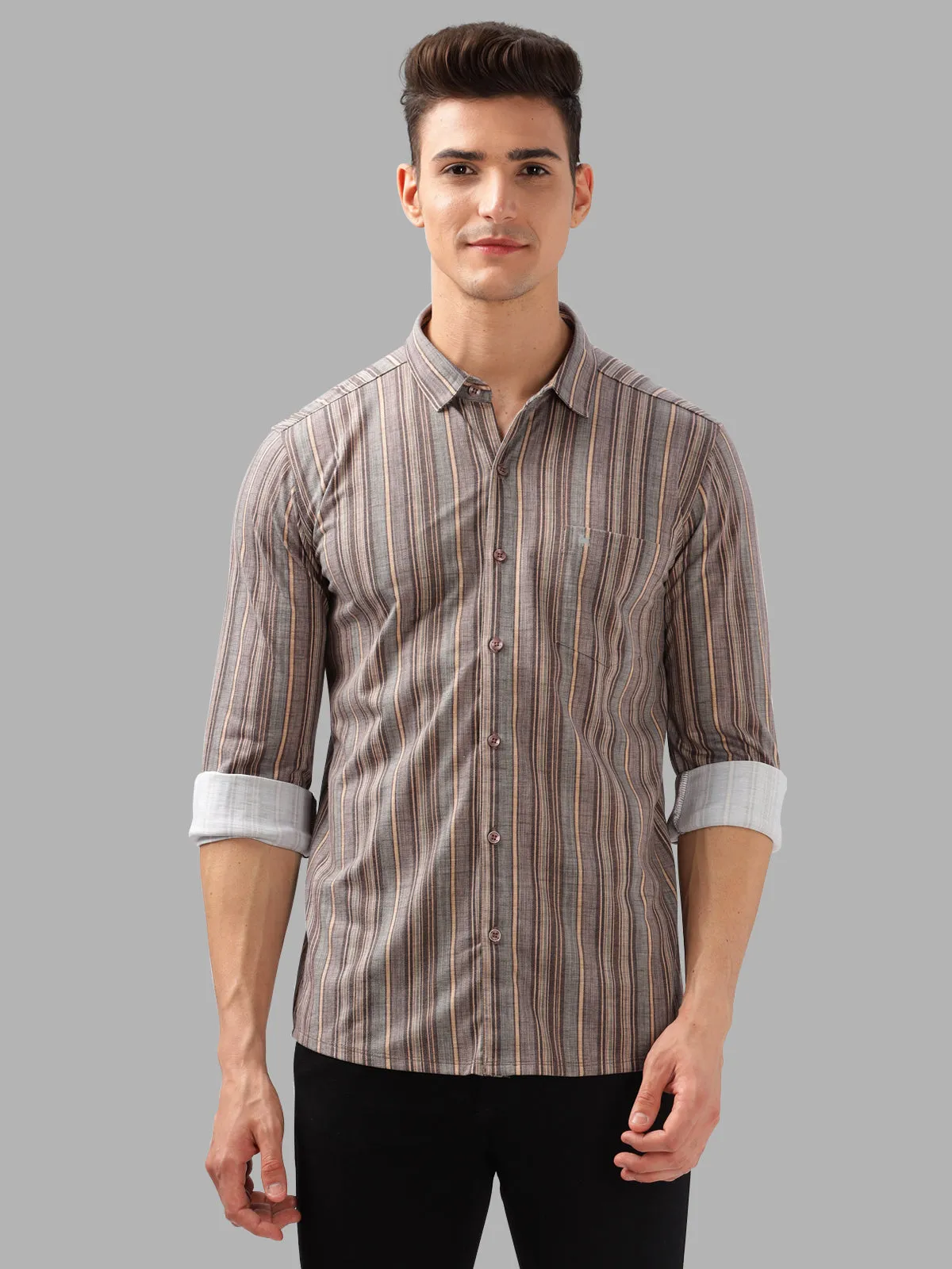 BULLMER Trendy Brown Regular Fit Striped Causal Full sleeve Shirt For Men.