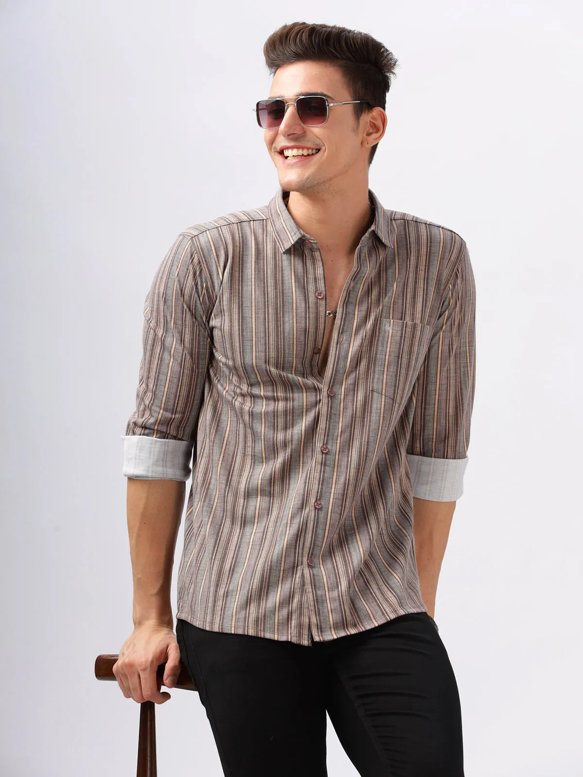 BULLMER Trendy Brown Regular Fit Striped Causal Full sleeve Shirt For Men.