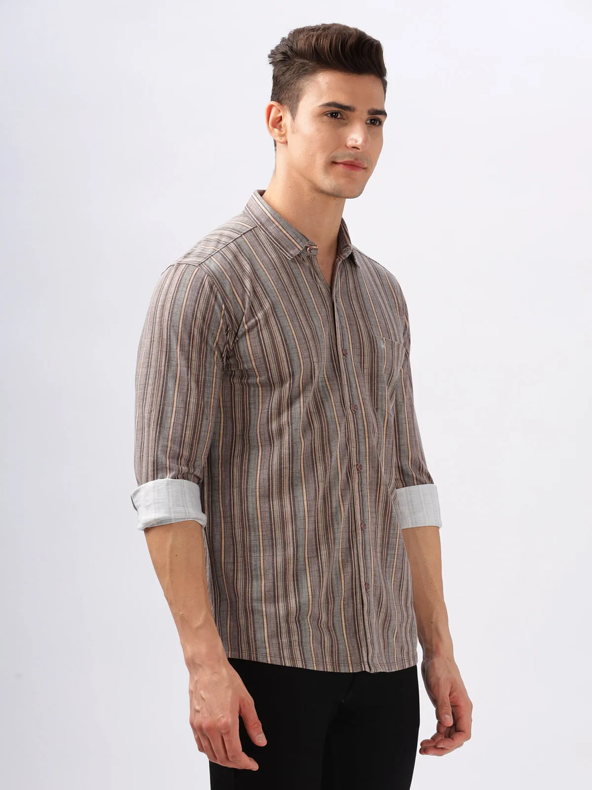 BULLMER Trendy Brown Regular Fit Striped Causal Full sleeve Shirt For Men.