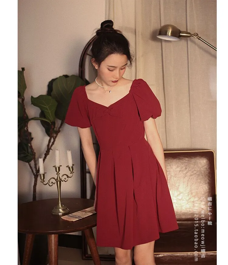 Burgundy Short Summer Mini Dress with Bubble Sleeves