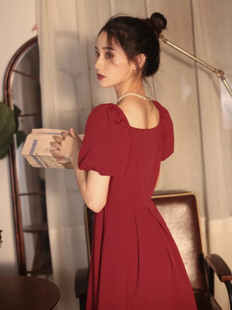 Burgundy Short Summer Mini Dress with Bubble Sleeves