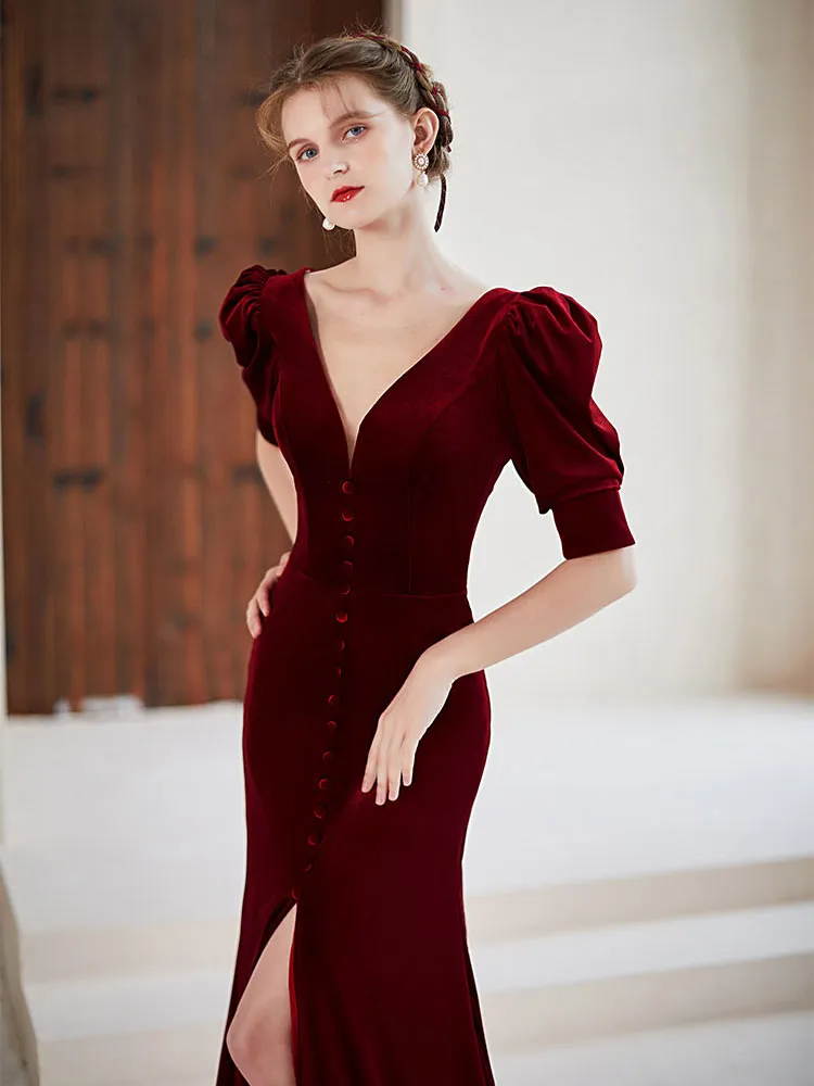 Burgundy velvet  mermaid long prom dress, burgundy evening dress