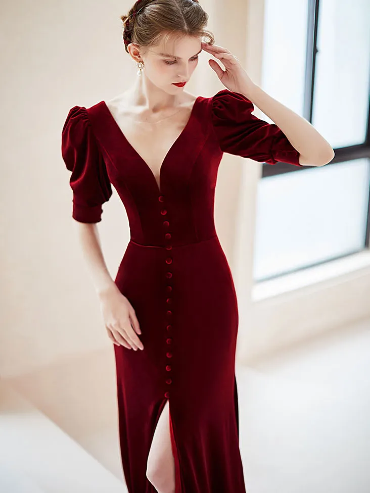 Burgundy velvet  mermaid long prom dress, burgundy evening dress