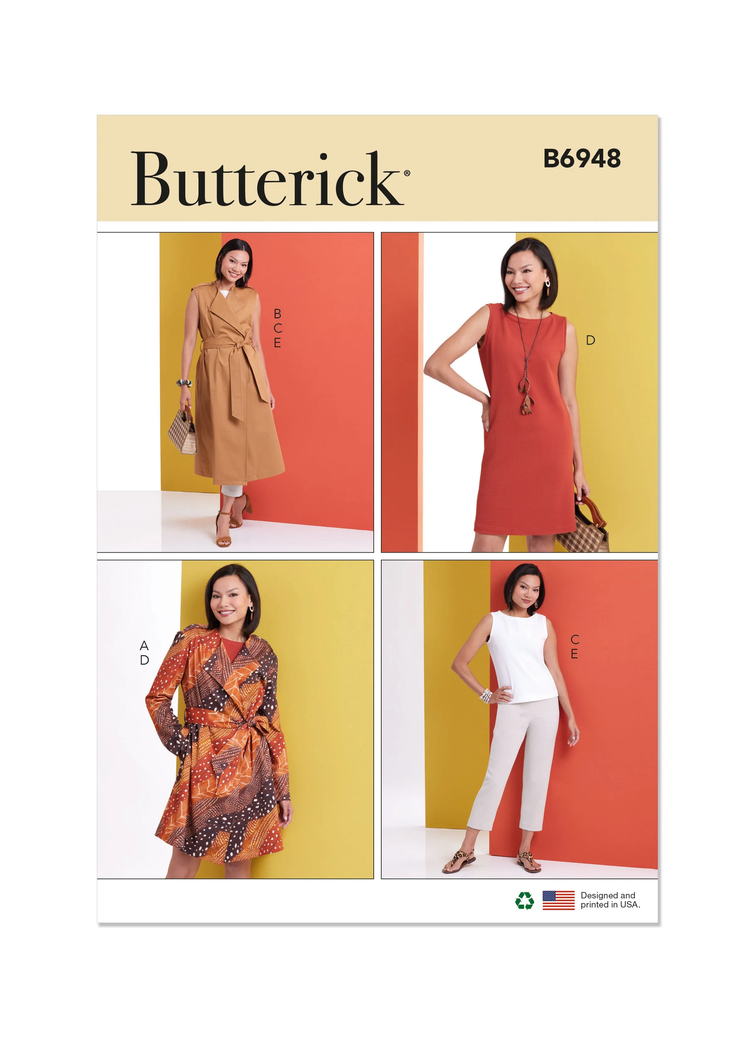 Butterick sewing pattern 6948 Jacket and Vest with Belt, Top, Dress and Pant