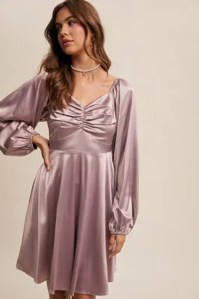 Carly Cinched Long Sleeve Satin Dress