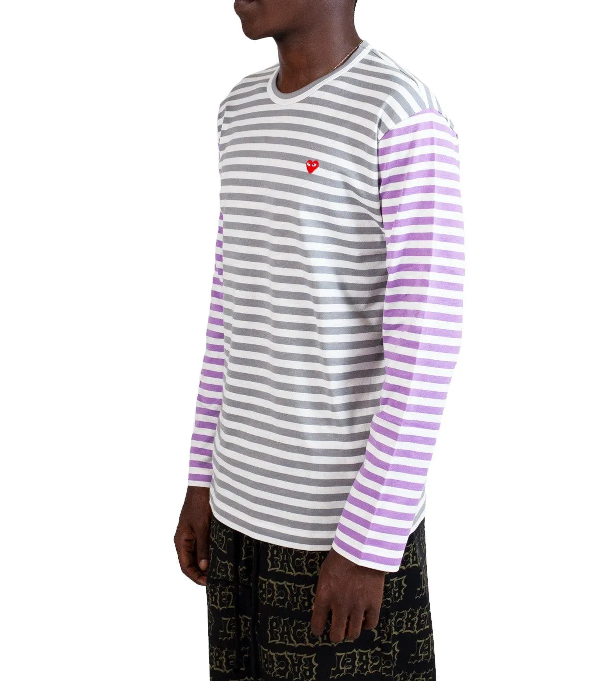 CdG PLAY Bi-Color Striped Long Sleeve T-Shirt Grey