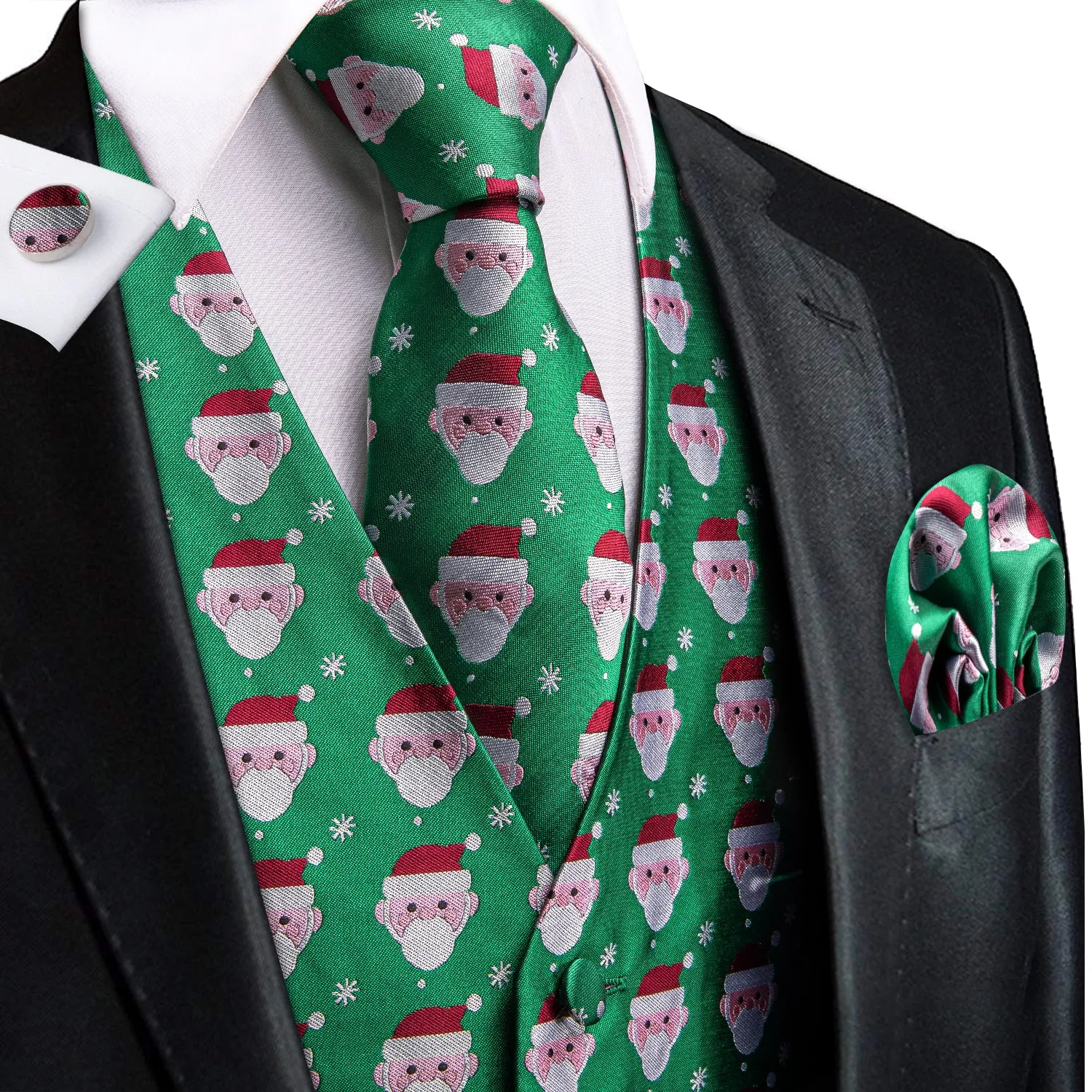 Christmas Green Snowmen Men's Vest Hanky Cufflinks Tie Set