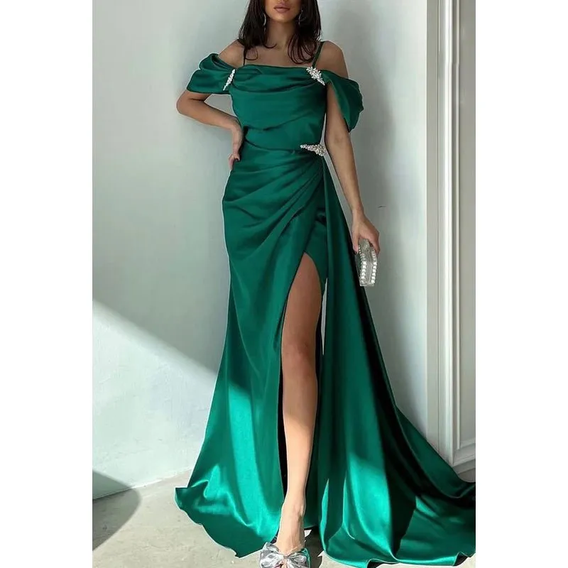 Classic & Timeless Straps Cap Sleeves Side Slit Ruched A-line Party Prom Dress With Rhinesto