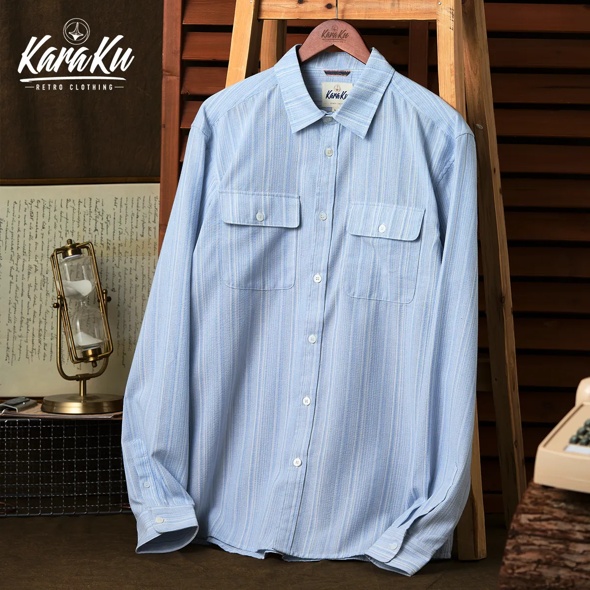 Classic Light Blue Striped Double-Pocket Cotton Shirt