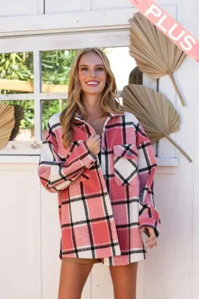 Confident Pink Plaid Curvy Shacket