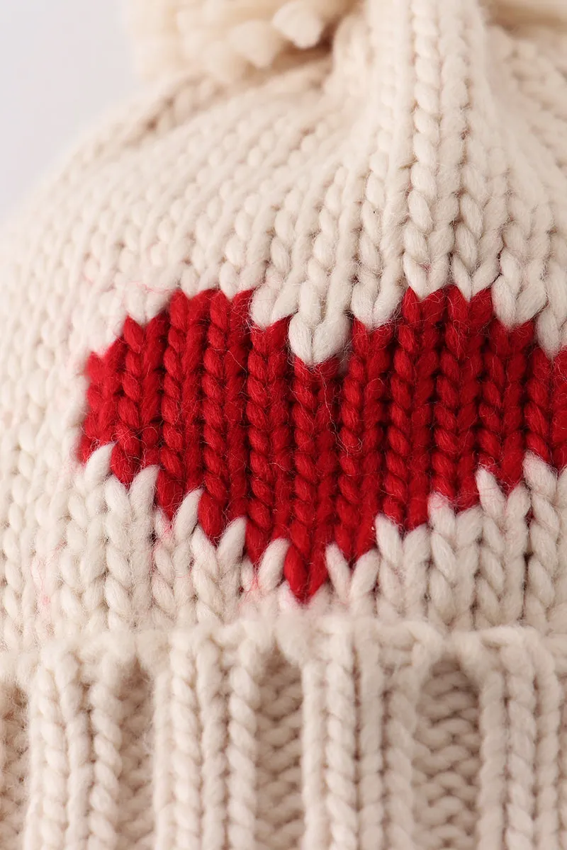 Cream Heart Knit Beanie Pom Pom Hat