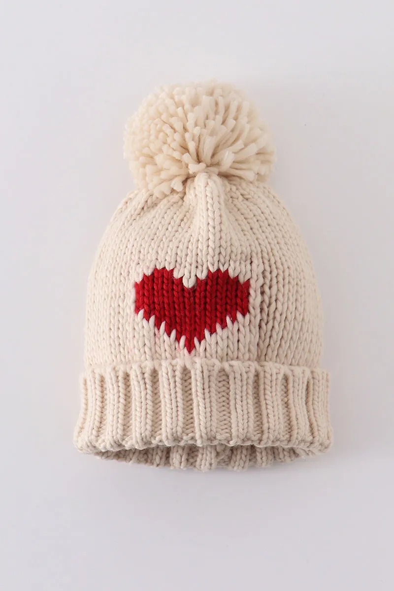 Cream Heart Knit Beanie Pom Pom Hat