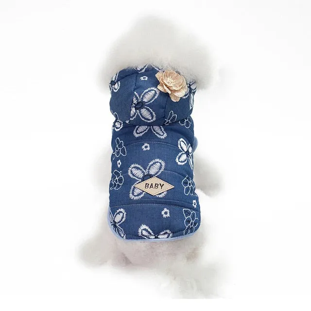 Cute Flower Print With Clip Hooded Winter Vest For Dogs