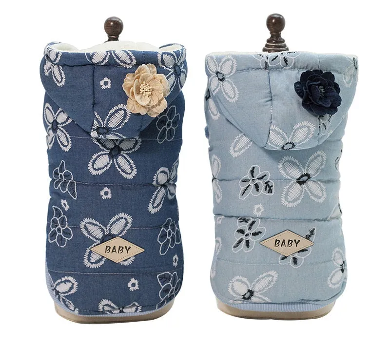 Cute Flower Print With Clip Hooded Winter Vest For Dogs