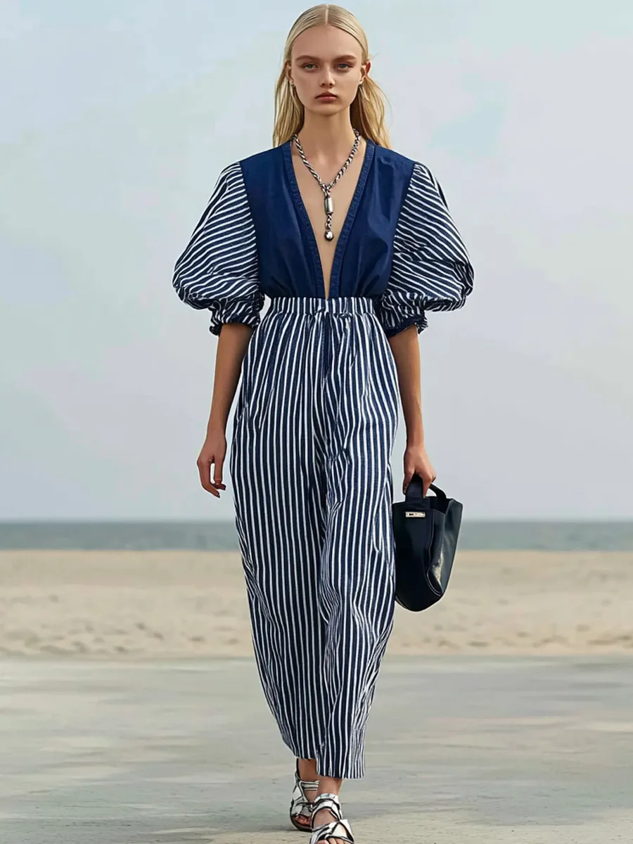 Elegant And Noble Blue Striped Short-sleeved Long Pants Jumpsuit