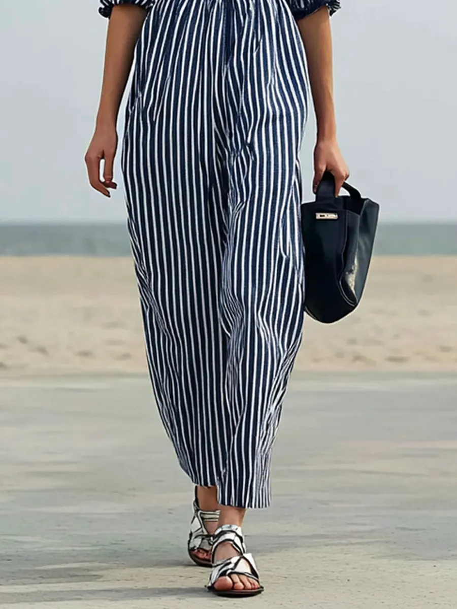 Elegant And Noble Blue Striped Short-sleeved Long Pants Jumpsuit