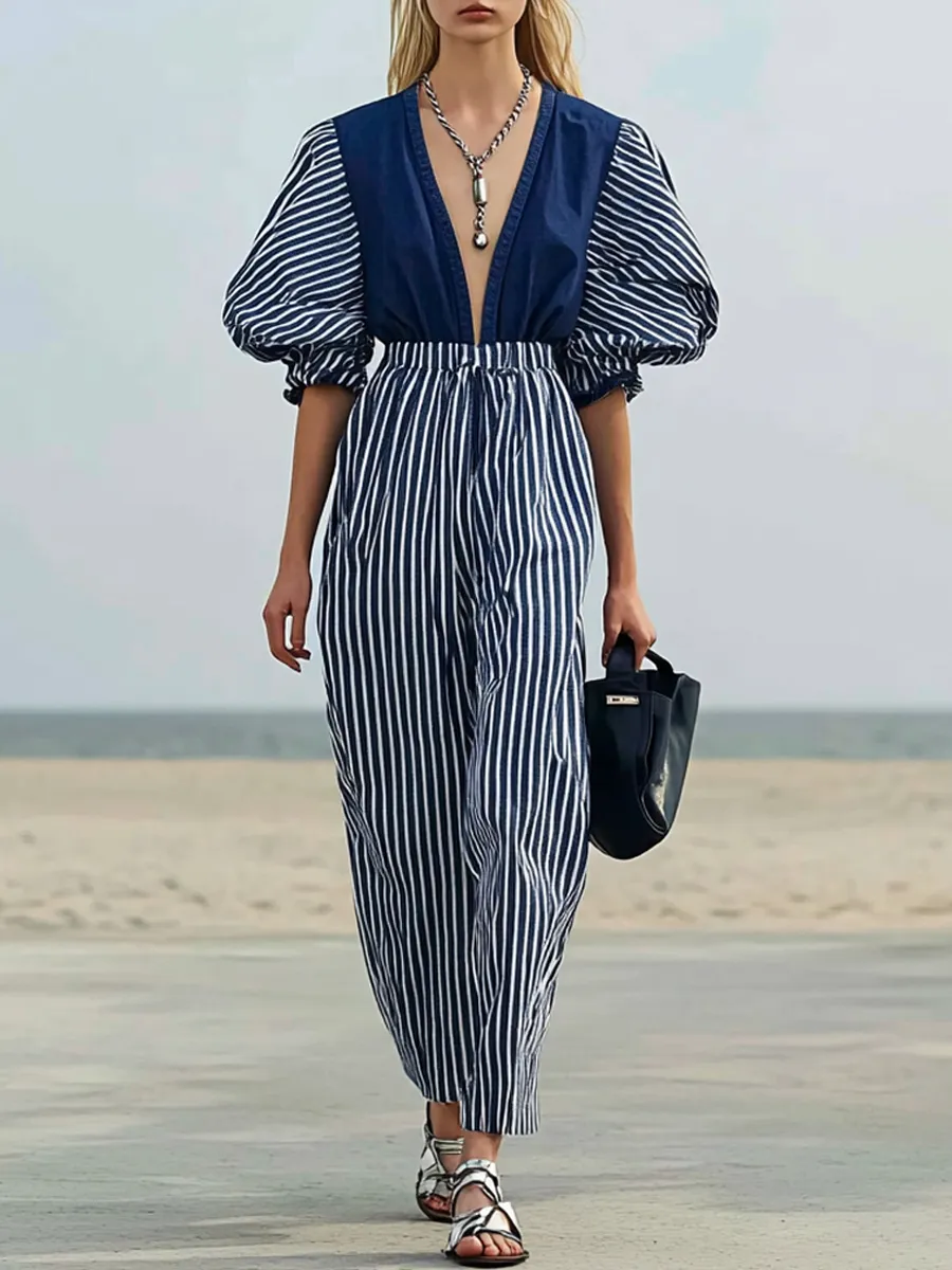 Elegant And Noble Blue Striped Short-sleeved Long Pants Jumpsuit