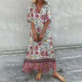 Elegant Floral Print Short Sleeve Maxi Dress