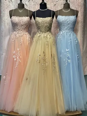 Elegant Spaghetti Straps Beaded Pink/Champagne/Blue Lace Tulle Long Prom Dresses, Pink/Champagne/Blue Lace Formal Graduation Evening Dresses