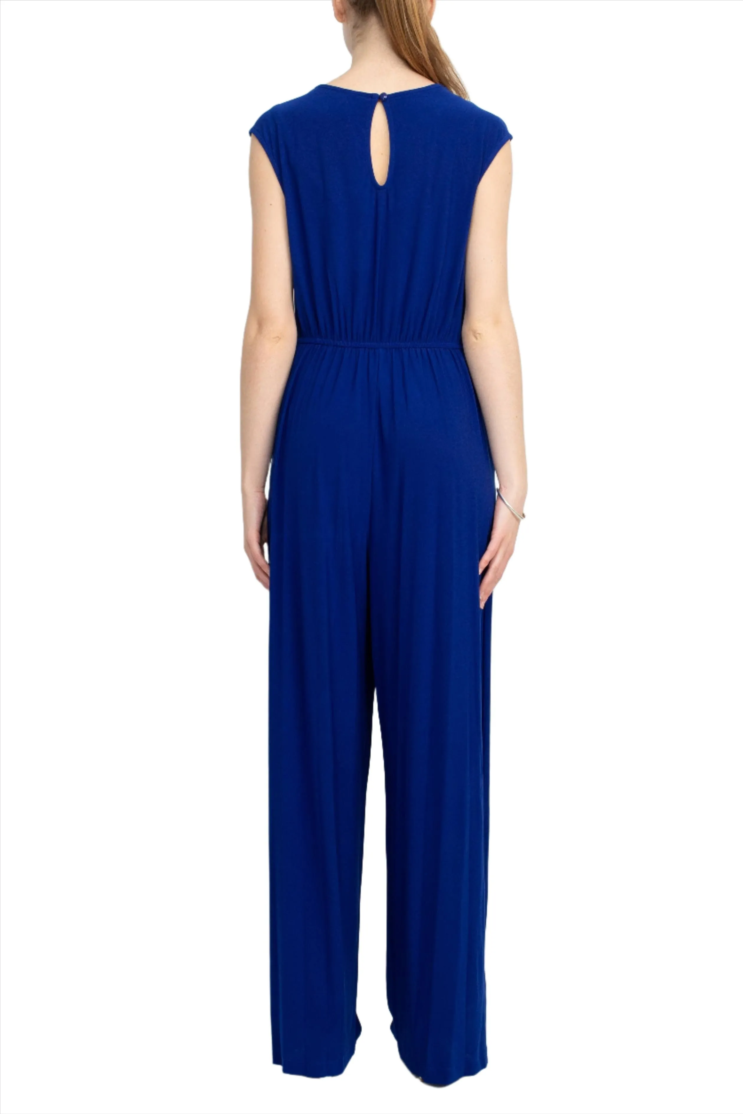 Emma & Michele V-Neck Cap Sleeve Draped Ruched Solid Keyhole Back ITY Jumpsuit with Pockets